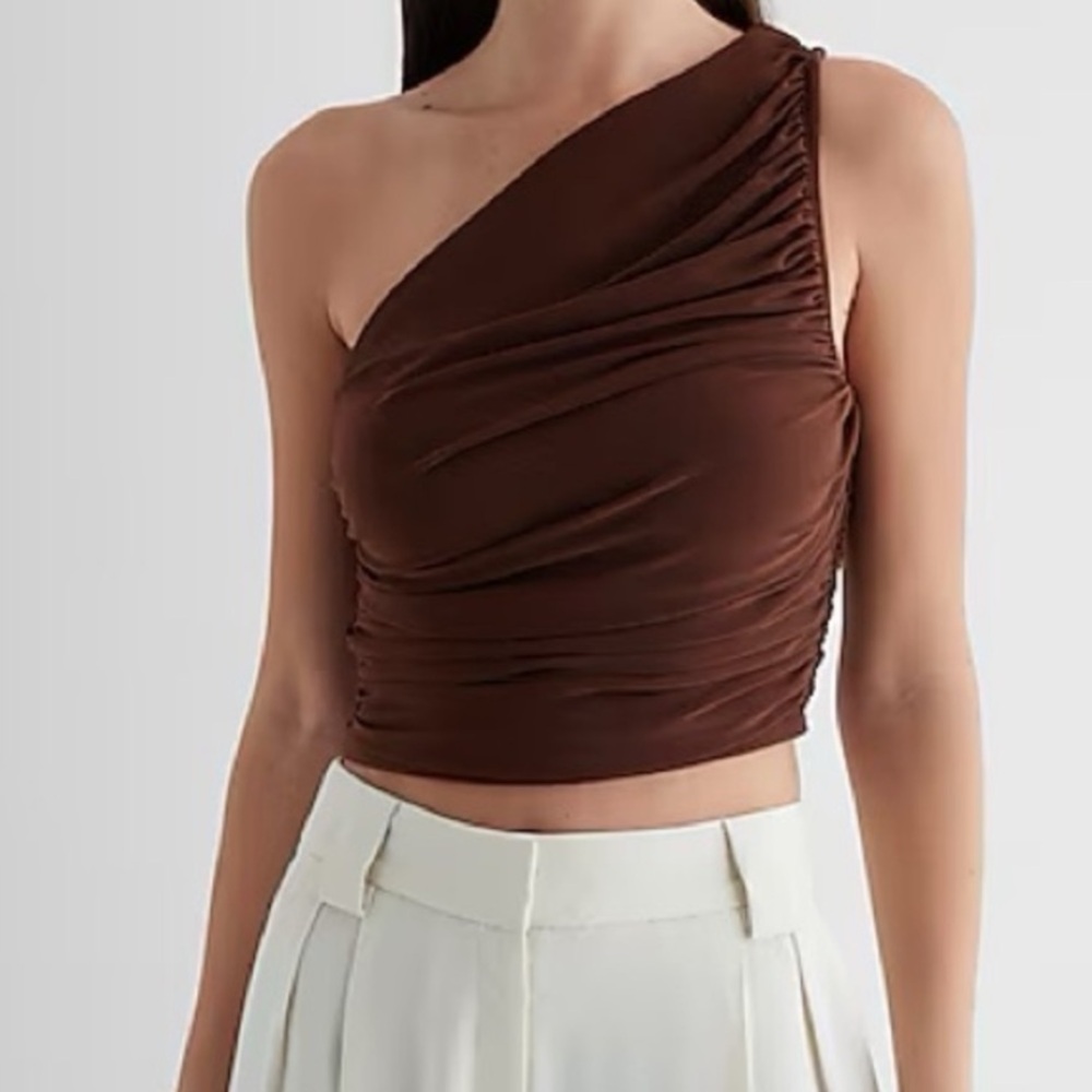 Express Brown One Shoulder Ruched Crop Top NWT Size M